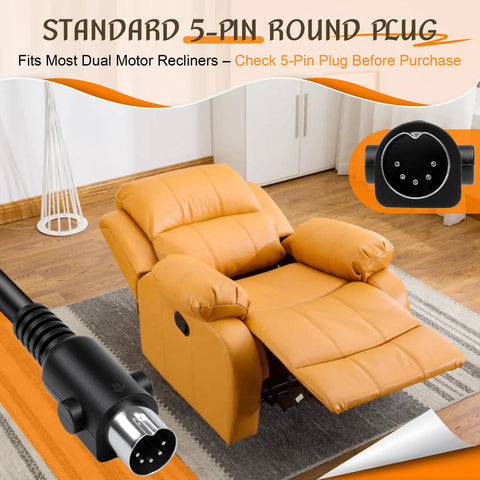 Replacement Lift Chair Remote With 4 Buttons For Dual Motor Recliners with 5-pin plug next to tan recliner