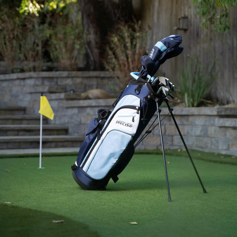 Women's Game-Ready Complete Golf Club Set With Driver, Fairway Wood, Hybrid, 7-PW Irons, Putter, Stand Bag And 3 Headcovers In Blue, Regular Or Petite Size, Built For Maximum Distance And Forgiveness displayed on golf course