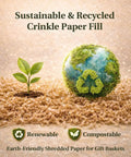 Brown Crinkle Paper Filler For Gift Baskets And Boxes 5oz with a globe and plant, highlighting sustainability features.
