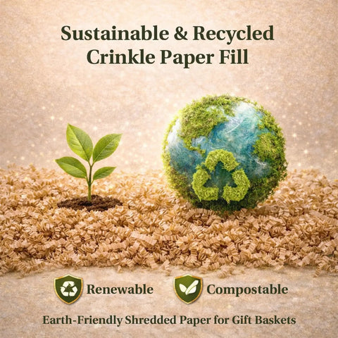 Brown Crinkle Paper Filler For Gift Baskets And Boxes 5oz with a globe and plant, highlighting sustainability features.