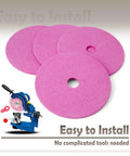 Four Piece Heavy Duty Chainsaw Grinding Wheel Fits Bench Mounted Sharpeners For 3 8 Pitch Chains showing pink abrasive discs.