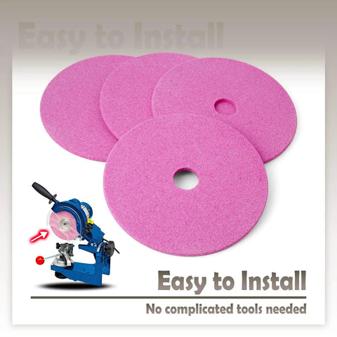 Four Piece Heavy Duty Chainsaw Grinding Wheel Fits Bench Mounted Sharpeners For 3 8 Pitch Chains showing pink abrasive discs.