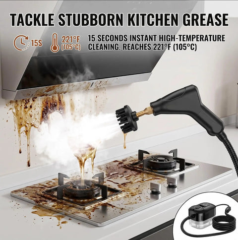 Heavy Duty 2500W Handheld Steam Cleaner With 4.5 Bar Pressure And 1200Ml Tank cleaning stubborn kitchen grease on stovetop.