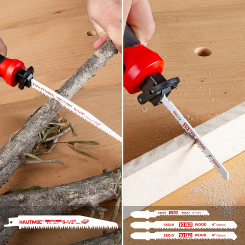 10-In-1 Hand Saw Kit With Quick-Release Blades in use cutting wood, featuring Cr-V and bi-metal blades on wooden surface.