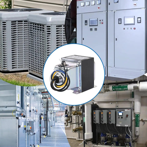 100VA 120V to 24V AC Transformer with Built-In Breaker for HVAC systems and control panels, visible installation applications