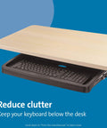 Underdesk Keyboard Drawer Black Smooth Ride Computer Tray Adjustable Mount Four Heights Saves Real Desk Space Straight Up Zero Hassle Office Workspace Setup with keyboard hidden below the desk.