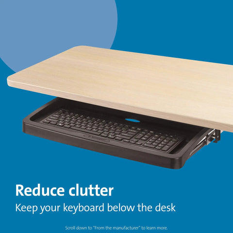 Underdesk Keyboard Drawer Black Smooth Ride Computer Tray Adjustable Mount Four Heights Saves Real Desk Space Straight Up Zero Hassle Office Workspace Setup with keyboard hidden below the desk.