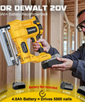 Heavy Duty Pro Grade Cordless 2 Inch Brad Nailer held by user, compatible with DeWalt 20V battery, ideal for carpentry projects.