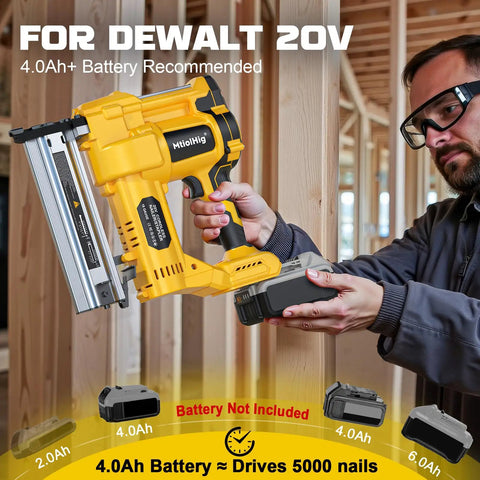 Heavy Duty Pro Grade Cordless 2 Inch Brad Nailer held by user, compatible with DeWalt 20V battery, ideal for carpentry projects.