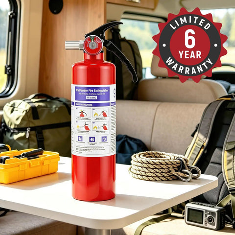 2.5 Lb Abc Dry Powder Fire Extinguisher Rated 1A 10B C For Class A B And C Fires Ul Ansi Certified standing on a table in a camper's interior.