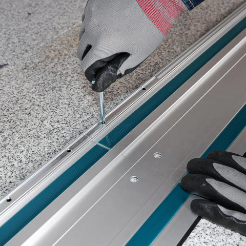 Installing screws on the 110 Inch Guide Rail Kit Extruded Aluminum Rails Compatible With Track Saw Precision Cutting.
