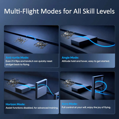 Image of Ultra Light 1S Brushless Whoop FPV Drone with multiple flight modes over obstacles and challenges, showcasing agility.