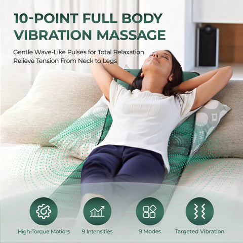 Woman using Ultimate Full Body Massage Mat With Heat And Detachable Neck Massager For Deep Tissue Relief From 10 Vibrating Motors.
