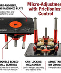 Universal Router Lift Mast-R-Lift II with built-in locking and CNC-machined plate for above-table bit changes.