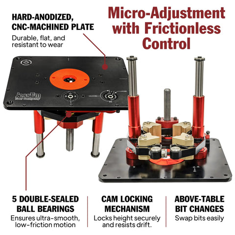 Universal Router Lift Mast-R-Lift II with built-in locking and CNC-machined plate for above-table bit changes.