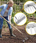 Beast 8 Teeth Garden Weeding Rake Heavy Duty Carbon Steel Weed Puller Tool in use on soil with close-up of sharp blades