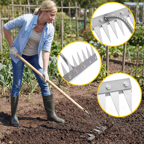 Beast 8 Teeth Garden Weeding Rake Heavy Duty Carbon Steel Weed Puller Tool in use on soil with close-up of sharp blades