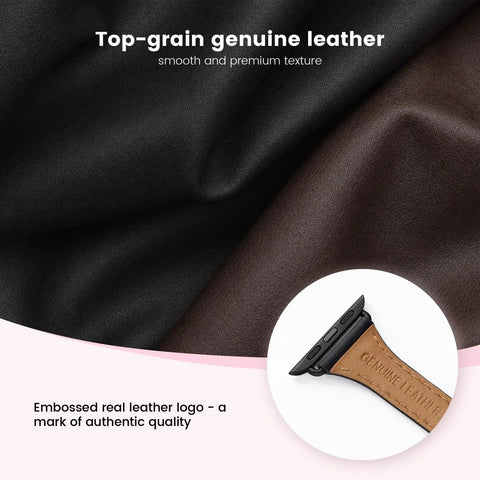 Killer Genuine Leather Watch Strap Compatible With Apple Watch For Women showcasing smooth top-grain leather in black and brown.