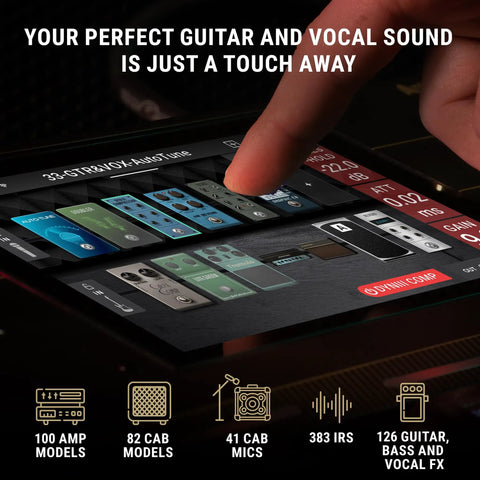 Close-up of Guitar And Vocal Multi Effects Pedal With Amp Modeling And Cloner Antares Auto Tune on touchscreen display.