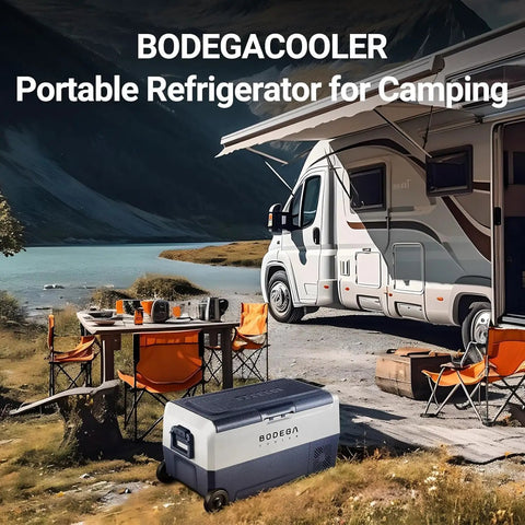 Dual Zone 12V Portable Car Refrigerator Freezer With App Control beside RV and outdoor camping setup by a lake
