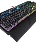 Top Tier Mechanical Gaming Keyboard With Butter Smooth Cherry Red Linear Keys And Killer Per Key RGB Backlighting For Your PC Rig, side view with palm rest.