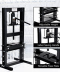 6 Ton Hydraulic H Frame Shop Press With Adjustable Table And Stamping Plates For Auto Repair, Garage Use, And Metalworking Projects Built Tough For Bearing Removal, U Joint Installation, And Straightening shown in a workshop setting.