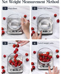 Steps showing net weight method using All In One 11 Pound Digital Kitchen Scale With Six Unit Modes G Kg Lb Oz Ml Milk Ml And Tare Function.