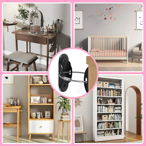 Heavy Duty Anti Tip Furniture Anchors Six Pack Kid Safe Wall Straps For Dresser Stability Earthquake Wall Mount Hardware Home Peace Of Mind Security Kit Black shown with furniture arrangement