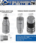 Drop-In Flat Face Hydraulic Quick Connect Coupler With One Inch Npt Threads And Dust Caps For Tractor And Backhoe ISO 16028, showing thread size measurements.