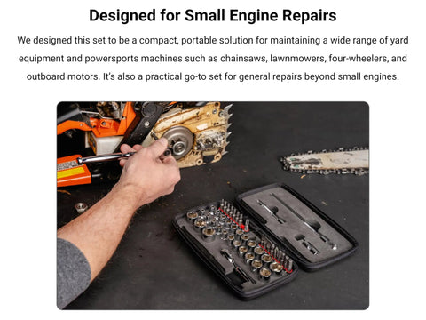 1/4 Inch Drive Socket Set With Flex Head Ratchet For Small Engine Work, displayed next to a chainsaw, open case view