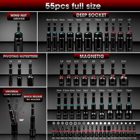 Magnetic Impact Nut Driver Set For Pros, 55 Piece SAE And Metric Kit With Deep Driver Bits, Wing Nut, Pivoting Nutsetters