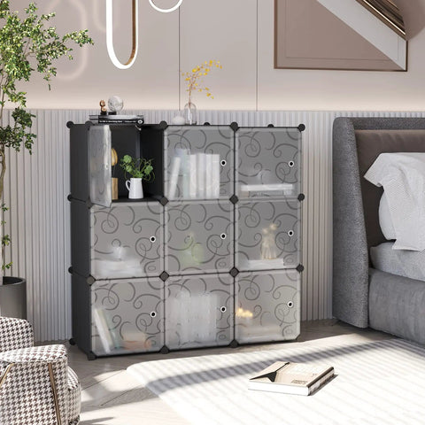 Cube Storage Organizer With Doors, 9 Cube Modular Shelves Closet Cabinet in black finish, in a bedroom setting