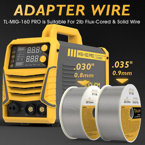 Ultimate 160A MIG Welder Kit with adapter wire, showcasing 2 spools of flux-cored wire for professional repairs.