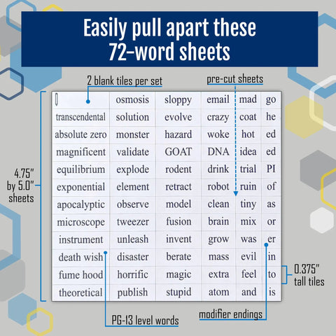 Word Magnet Kit For Science Nerds And Pros, two 72-word sheets showing math and science terms with modifier endings.