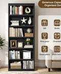 Sturdy Six Tier Bookshelf Tall Storage Rack Nifty Space Saver Display Stand For Living Room And Home Office Black Rustic Shelf Unit Easy Peasy Assembly with organized items