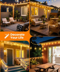 100 Feet Outdoor String Lights With 50 LED G40 Bulbs Plus 2 Spares illuminating backyard, patio, porch, and deck at night.