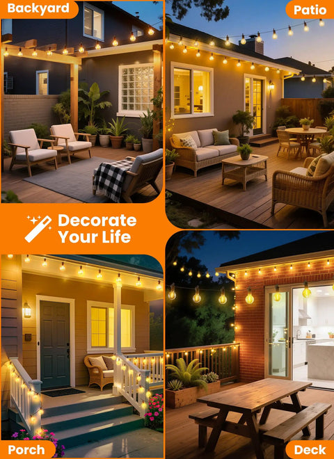 100 Feet Outdoor String Lights With 50 LED G40 Bulbs Plus 2 Spares illuminating backyard, patio, porch, and deck at night.