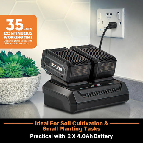 Powerful Workhorse Brushless 48V Cordless Tiller Cultivator batteries on MX24V dual port charger