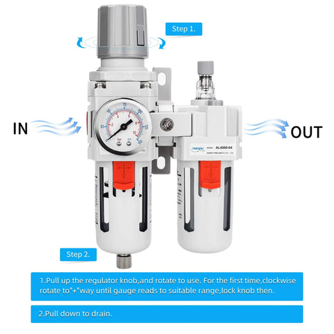 Half Inch NPT Pro Grade All In One Filter Regulator Lubricator Combo with Water and Oil Trap Separator Gauge front view