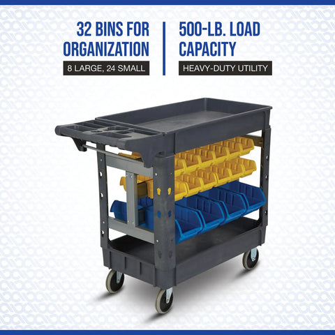 Heavy Duty Rolling Utility Cart With Thirty Two Tough Bins 500 Lb Capacity Polypropylene Shop Beast Featuring Secured Trays And Scratch Resistant Panels For Garage Tool Organization And Jobsite Hauling Keeping Your Gear Locked Down