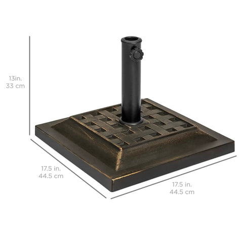 Heavy Duty 26 Pound Steel Patio Umbrella Stand With Bronze Finish Square Base Decorative Basket Weave Pattern Weather Resistant