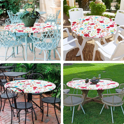 Round Fitted Tablecloth With Elastic Edge No Slip Snug Fit Waterproof Oil Proof Vinyl Backed Table Cover For 36 To 44 Inch Round Tables Perfect For Dinner Outdoor Picnic Flowers on various outdoor tables