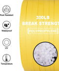 Heavy Duty PP Strapping Roll Hella Tough Packaging Belt Half Inch By 984 Feet Long Polypropylene Pallet Banding Strap showing 300 lb break strength yellow polypropylene.