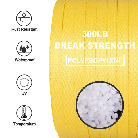 Heavy Duty PP Strapping Roll Hella Tough Packaging Belt Half Inch By 984 Feet Long Polypropylene Pallet Banding Strap showing 300 lb break strength yellow polypropylene.