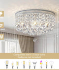 Four Light Crystal Chandelier With Modern Drum Ceiling Light Fixture And Raindrop Flush Mount Round Metal Shade In Chrome Finish