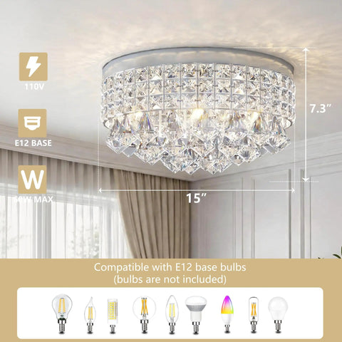 Four Light Crystal Chandelier With Modern Drum Ceiling Light Fixture And Raindrop Flush Mount Round Metal Shade In Chrome Finish