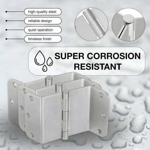 3 Pack Offset Door Hinges Brushed Nickel 3.5 Inch 5/8 Inch Radius Swing Clear For Exterior And Interior Doors With Wall Stopper And Grease Heavy Duty Hardware displayed with corrosion resistance features.