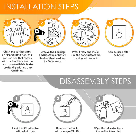 Installation and disassembly instructions for Matte Black Self Adhesive Towel Hooks, Heavy Duty SUS304 Stainless Steel Wall Or Door Mounted Hangers For Coat, Hat, Bag, Keys, Jacket, 4 Pack, No Drill Needed, Waterproof, Rustproof, Strong Stick On.