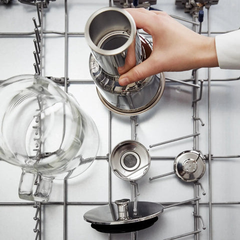 Assembling Glass Water Filter Pitcher With Stainless Steel Refillable Filter System No Plastic Waste in dishwasher rack