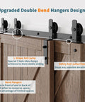 Sliding Barn Door Rail Hardware Kit For Double Doors Monorail System Tough Heavy Duty Track With Quiet Bearings Smooth And Silent Operation, Easy To Install, No Door Included, Black Powder Coated 6mm Carbon Steel Ceiling Mount Ready with close-up of rail system and door hangers.